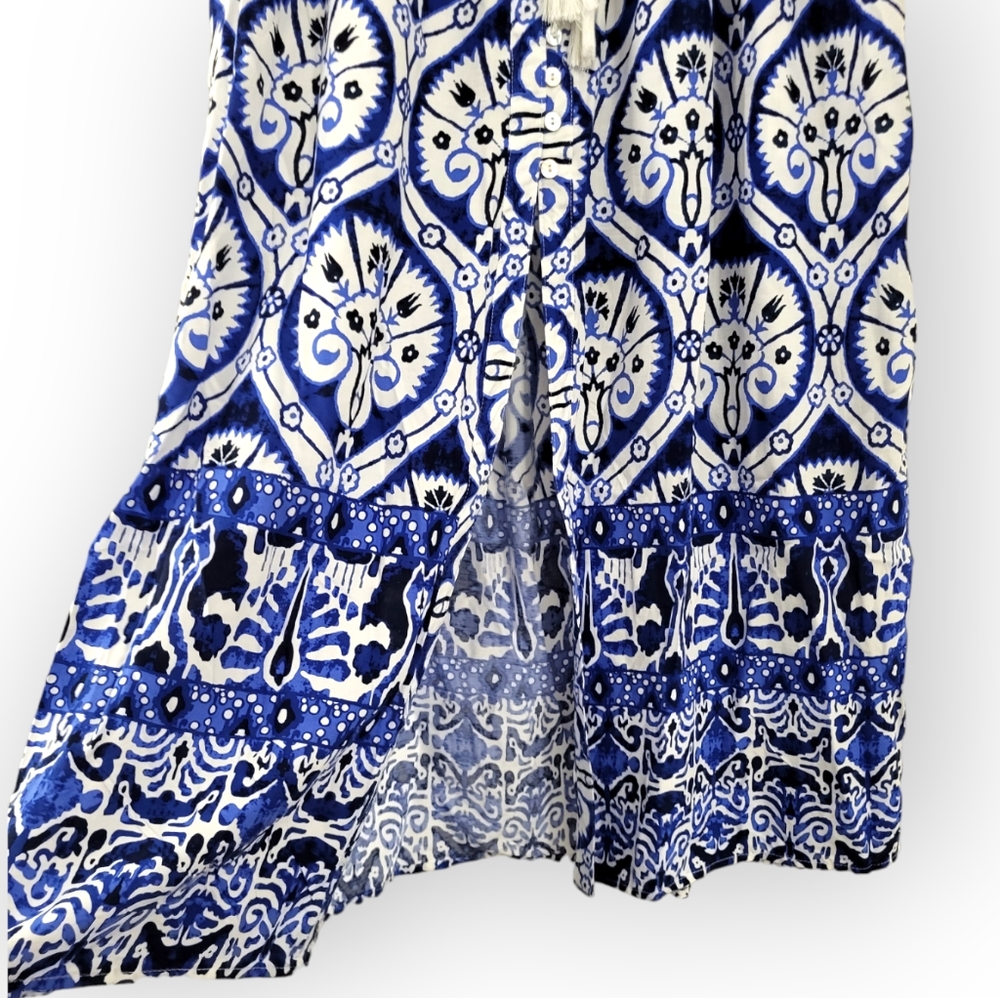 Haute Hippie Blue White Boho Maxi Skirt with Front Slit and Buttons Medium - Picture 3 of 7